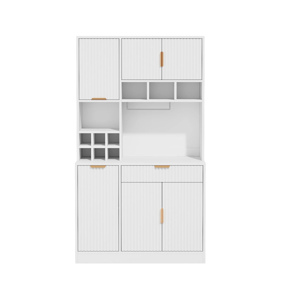 Credenza 100x40x175 cm con ripiani regolabili; prese integrate; portabicchieri e portabottiglie in pannello truciolare bianco