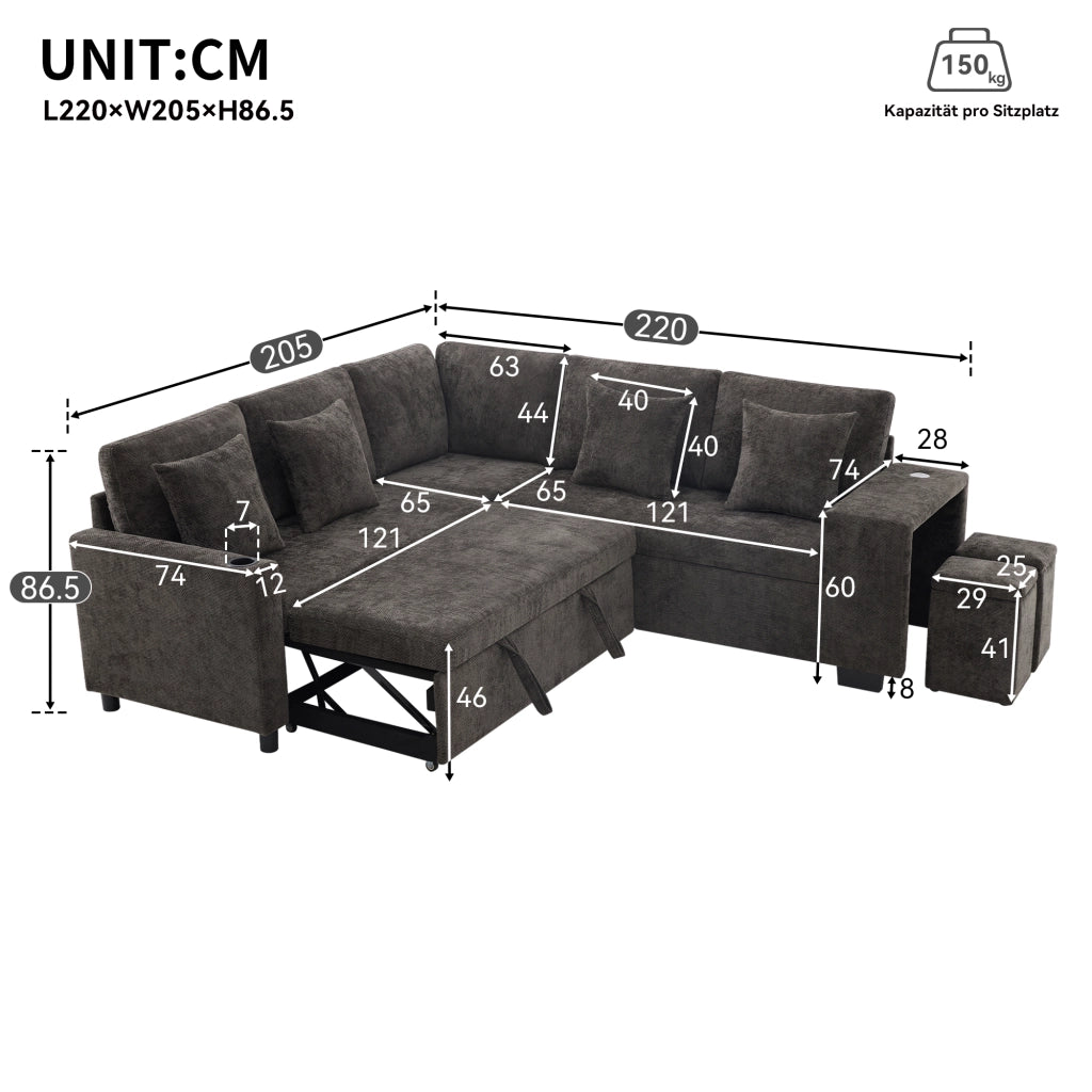 Divano angolare convertibile con funzione letto e vano contenitore, porte USB e USB-C, in ciniglia grigio 220 × 205 × 86.5 cm