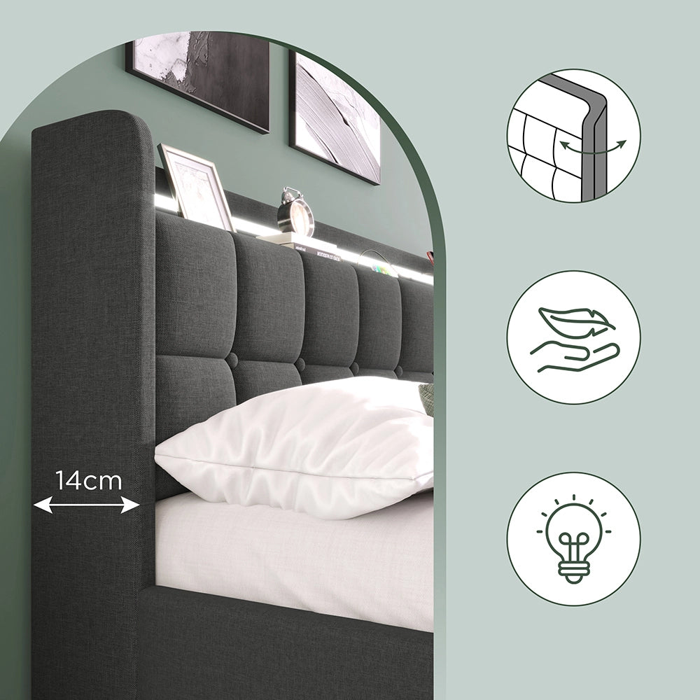 Letto imbottito con testiera e illuminazione LED - Xylo - 140x200 cm - Grigio - 4 cassetti e ricarica USB