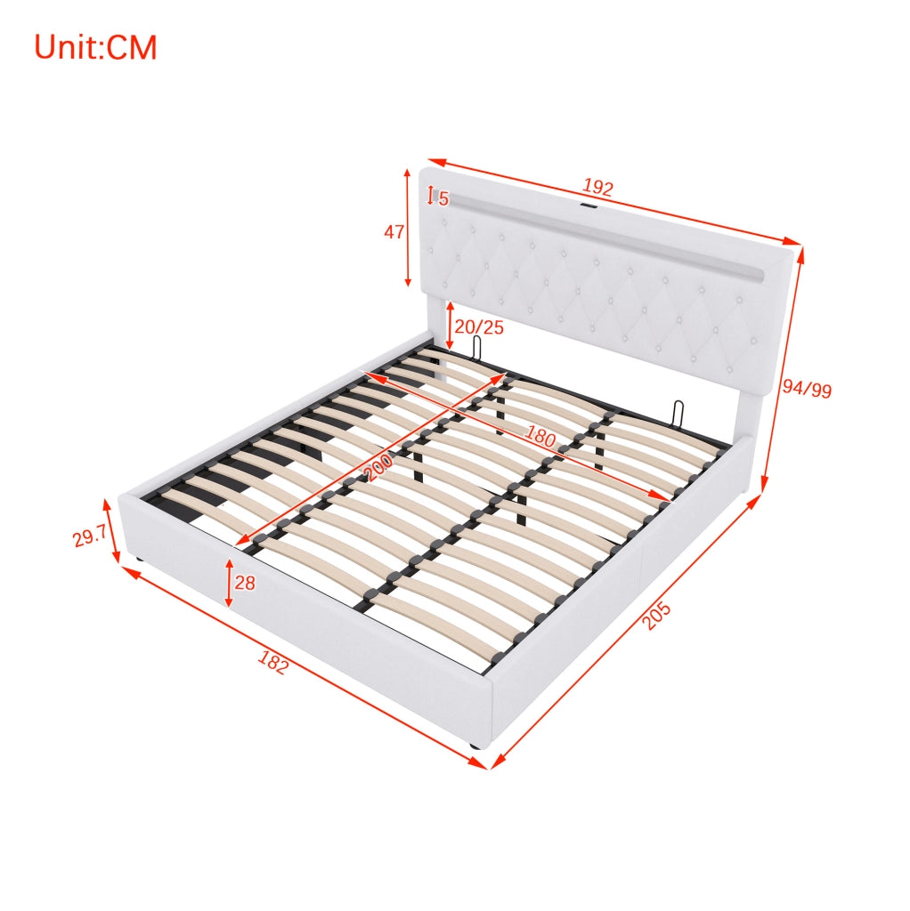 Letto matrimoniale imbottito 180x200 cm con contenitore, LED e USB