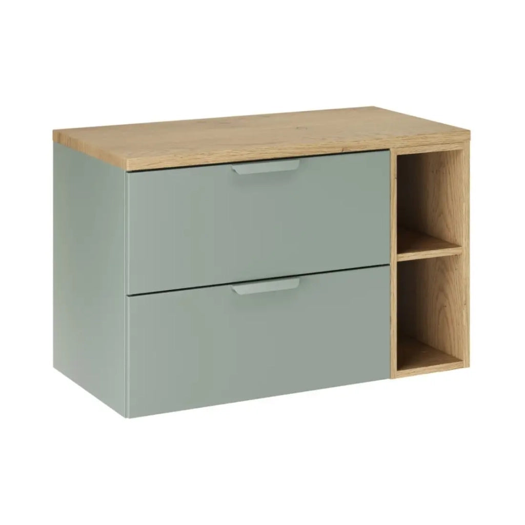 Set da bagno sospeso OSTER 80cm: mobile sottolavabo con cassetti in verde salvia e nicchie a vista + piano per lavabo