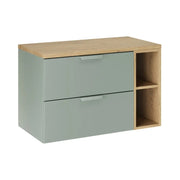 Set da bagno sospeso OSTER 80cm: mobile sottolavabo con cassetti in verde salvia e nicchie a vista + piano per lavabo