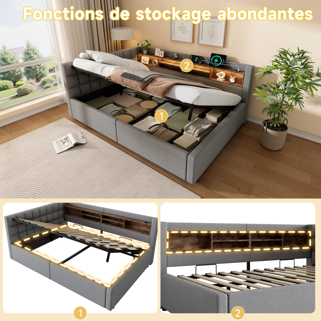 Letto matrimoniale contenitore 140x200 cm con sollevamento idraulico; LED; testiera con ripiano e USB; grigio