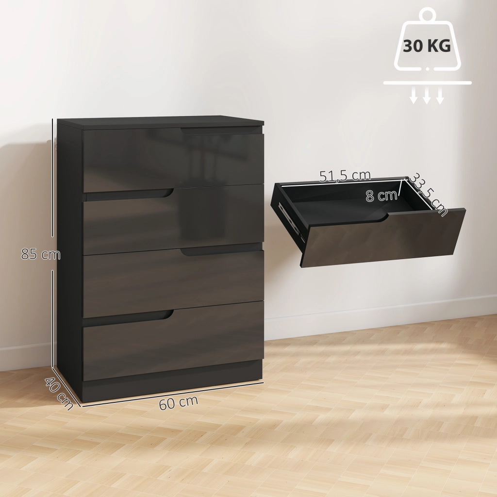 Cassettiera 60x40x85 cm 4 Cassetti Moderna e Minimal in Legno Nero Lucido