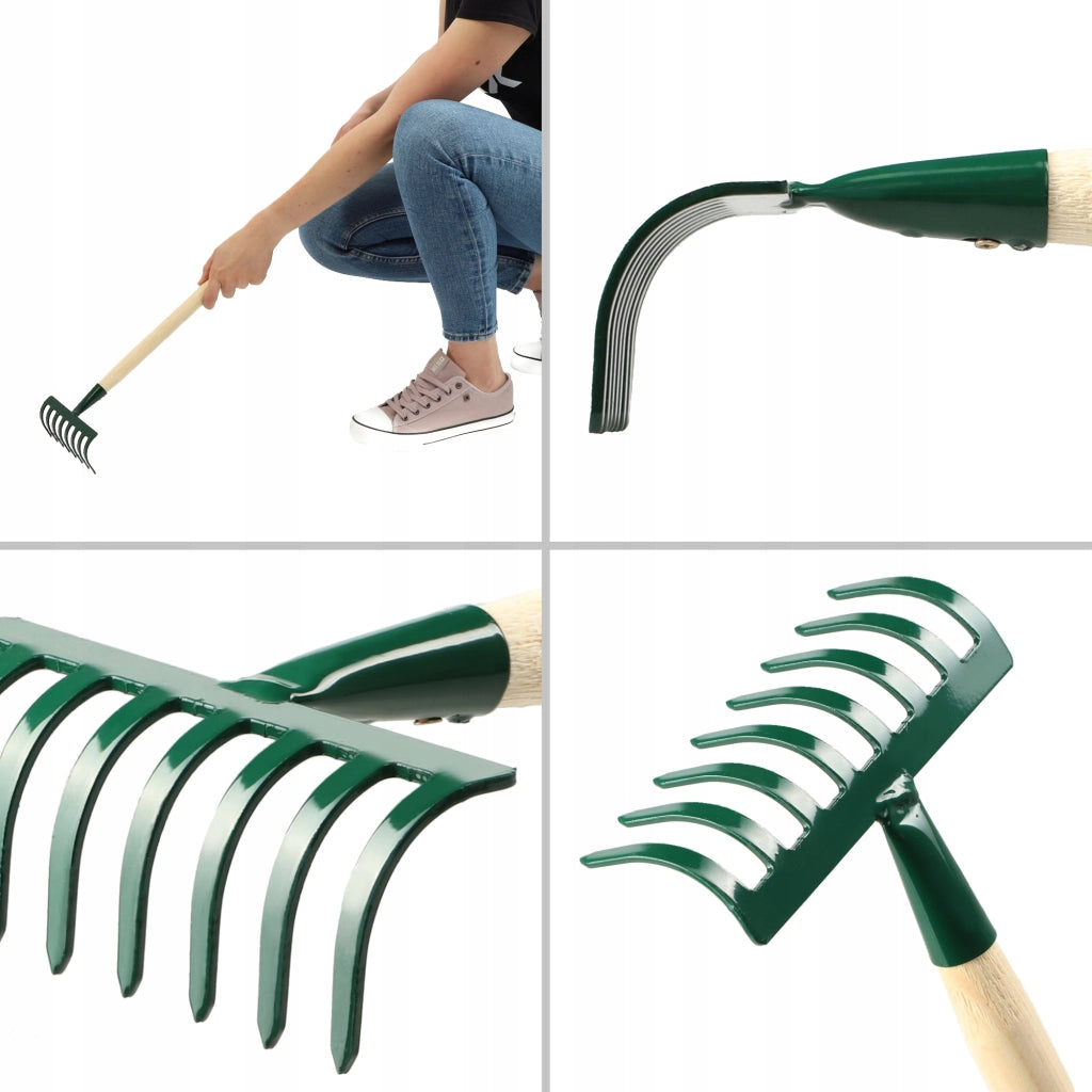 KADAX Piccolo rastrello per foglie ed erba da giardino, 66 cm, 8 denti, manico in legno