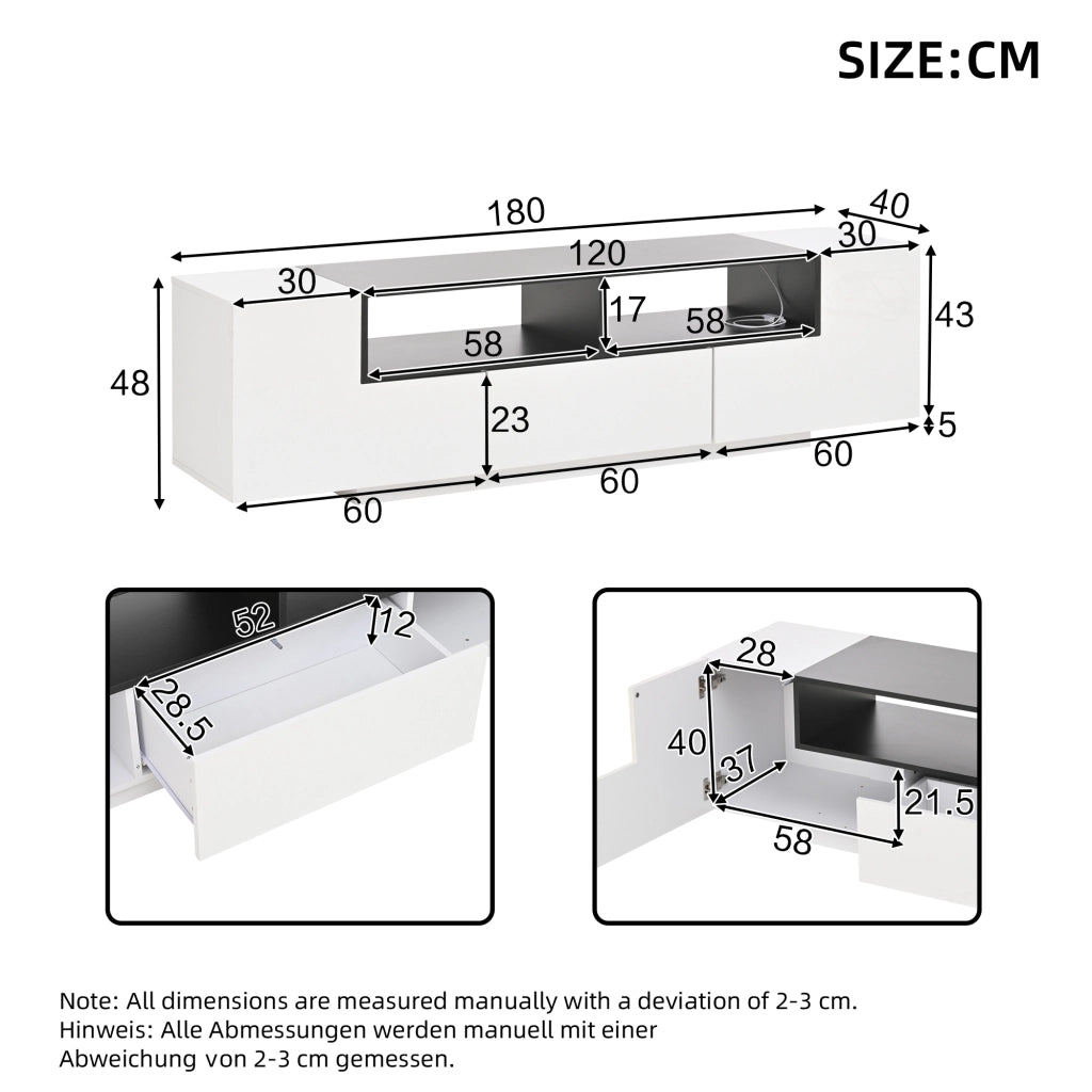 Mobile TV con LED; 2 vani a L; 1 cassetto e 2 vani aperti - 180 x 40 x 48 cm - bianco