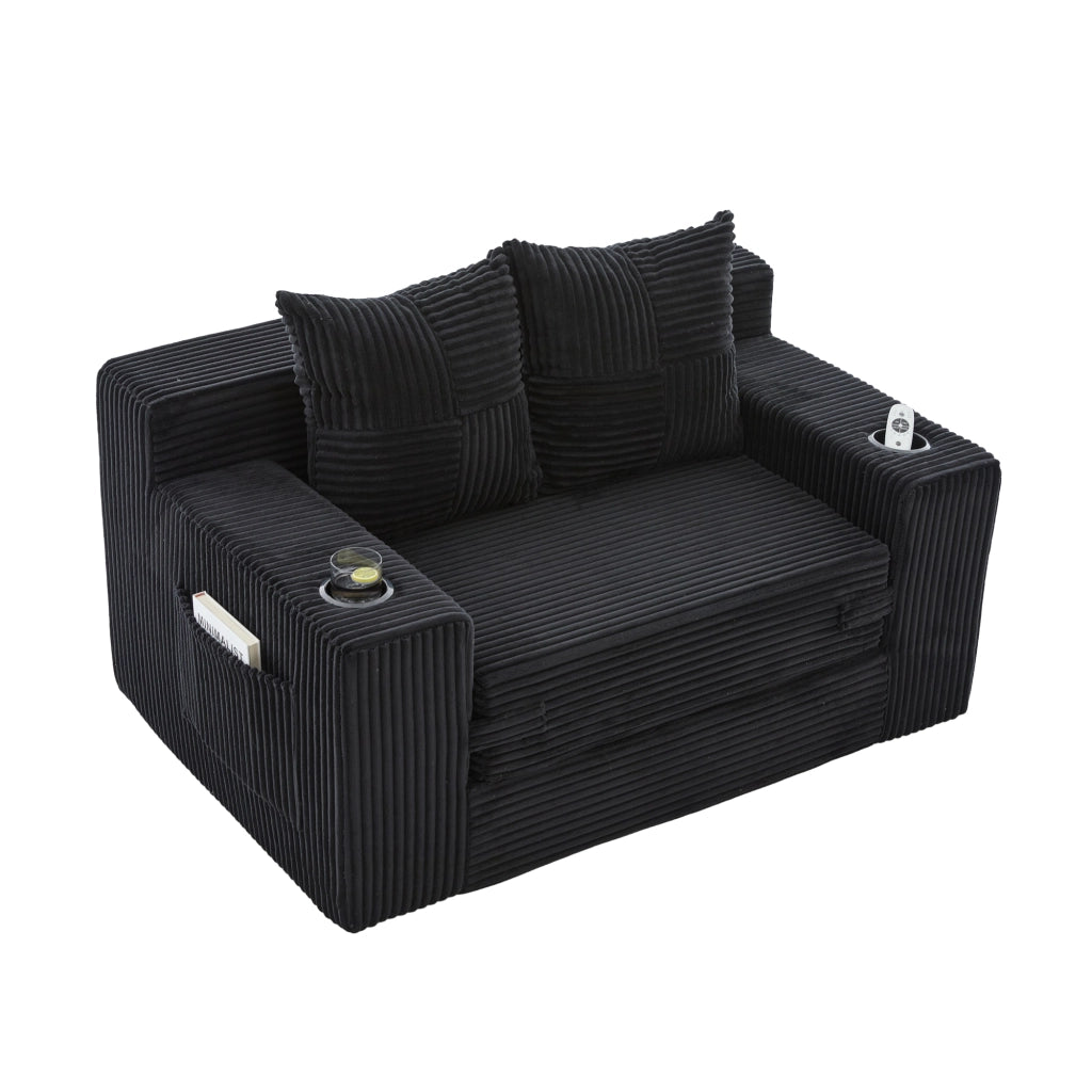 Pouf divano in velluto a coste nero 151x133x64 cm con tasche laterali e 2 cuscini