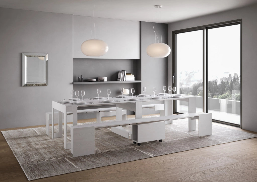 Consolle allungabile 90x42/302 cm Evolis Bianco Frassino con panca inferiore e superiore