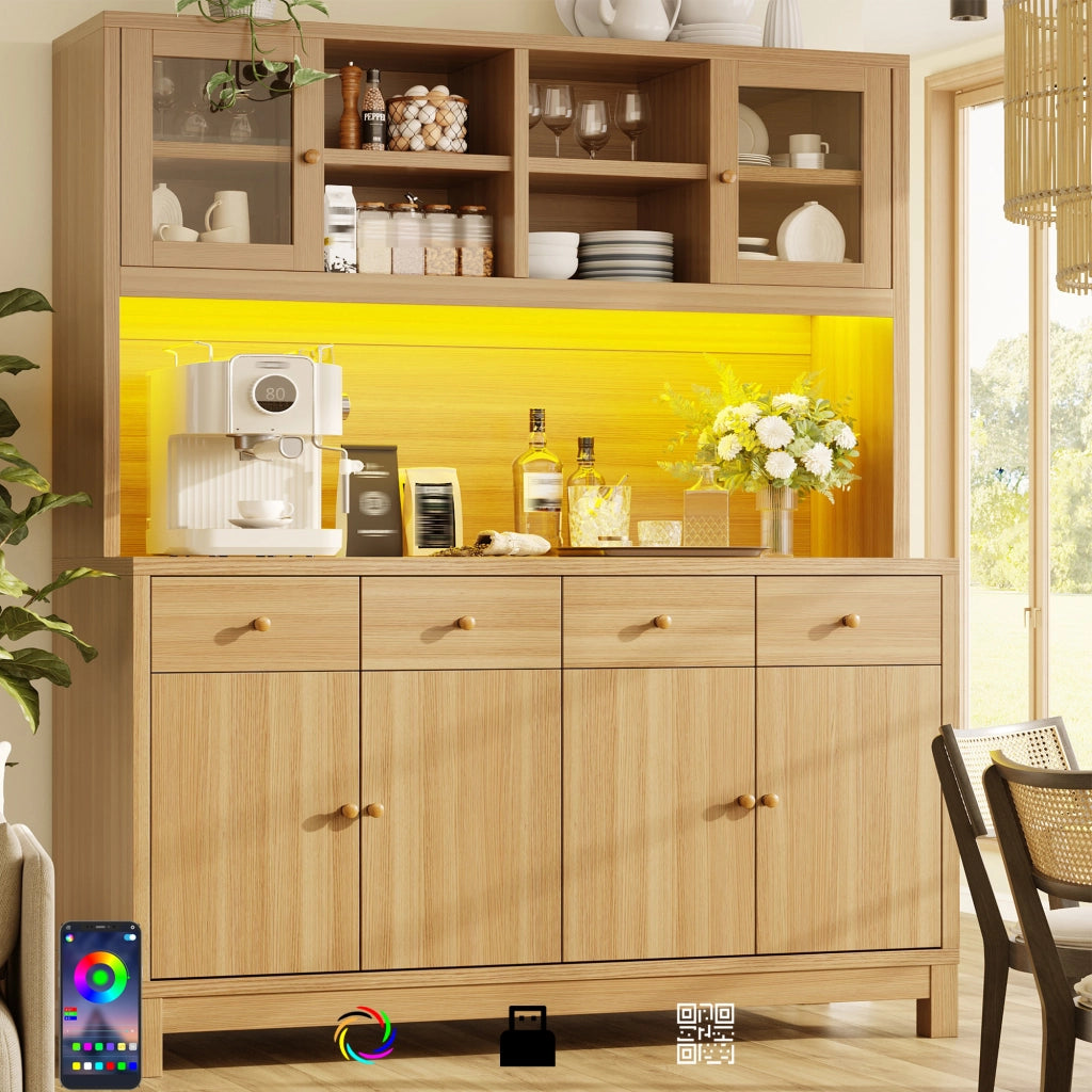 Credenza alta con LED RGB, ante in vetro, 4 cassetti e ripiani regolabili, in MDF effetto legno, 140 × 38,5 × 180 cm