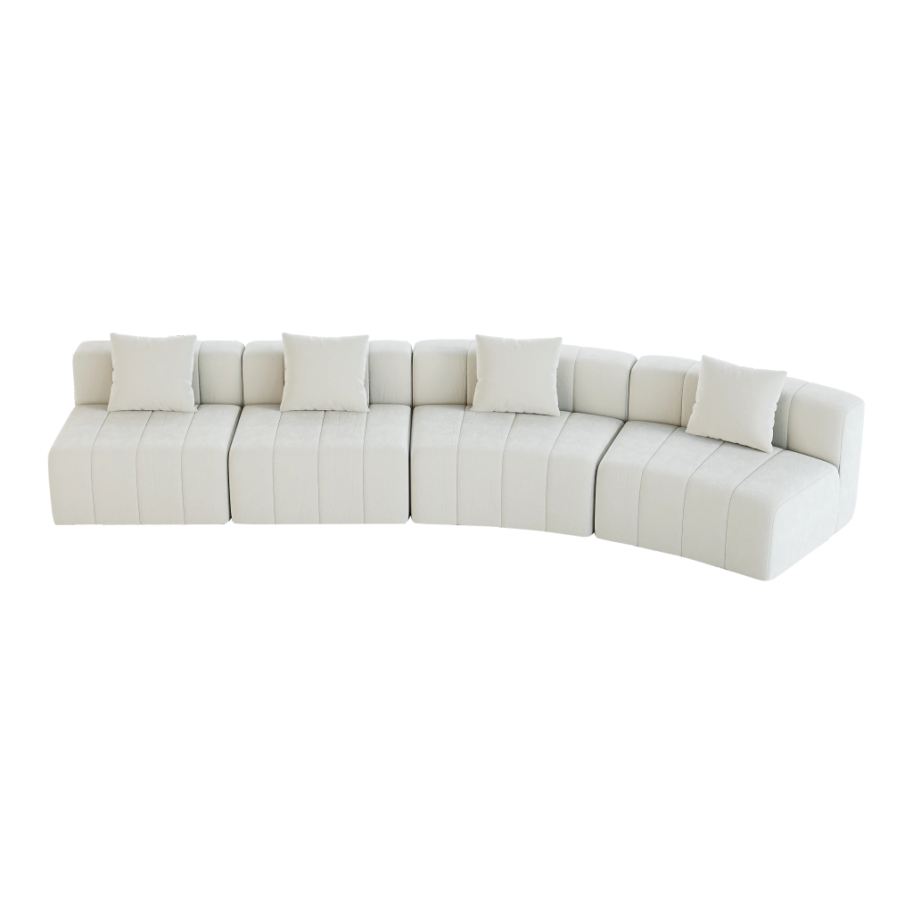 Divano modulare 4 posti con cuscini; design curvo e seduta a tasti di pianoforte in chenille beige
