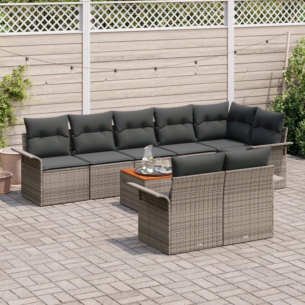 Set Divano da Giardino 9 Pezzi con Cuscini Grigio Polyrattan Acacia