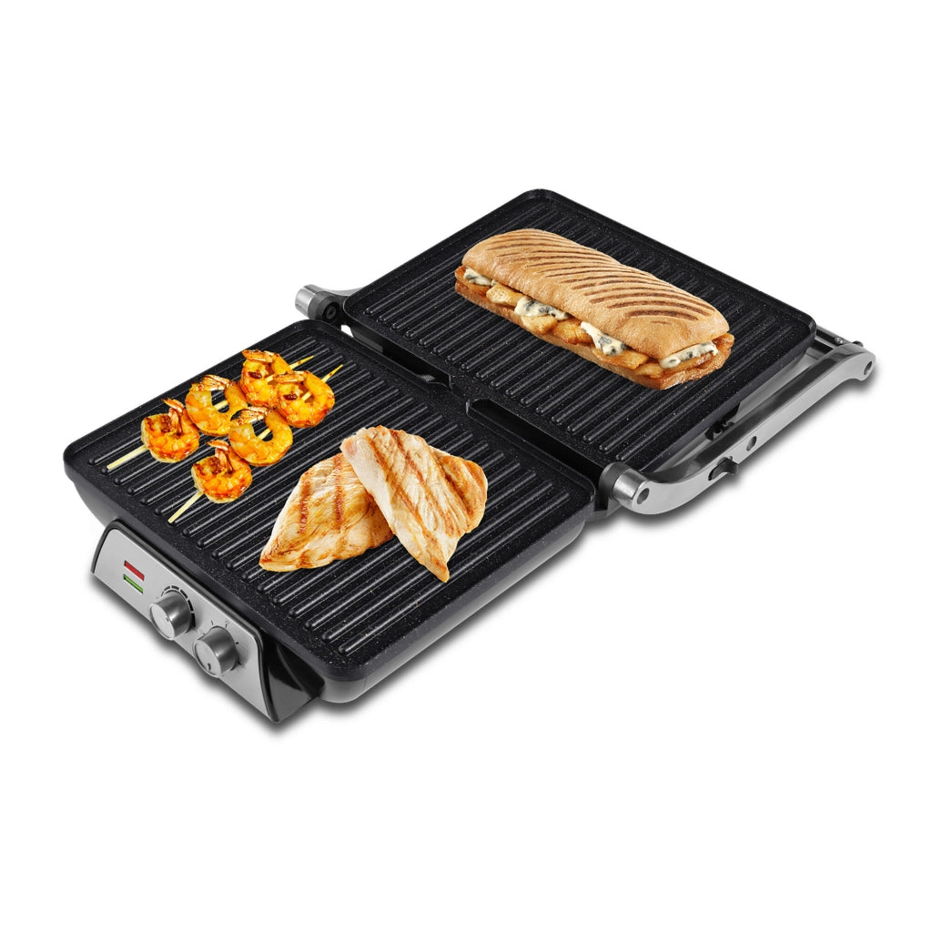 Piastra elettrica per panini e toast, 4 porzioni apertura 180°, piastre antiaderenti pietra 2000W, timer 30 minuti - SOGO