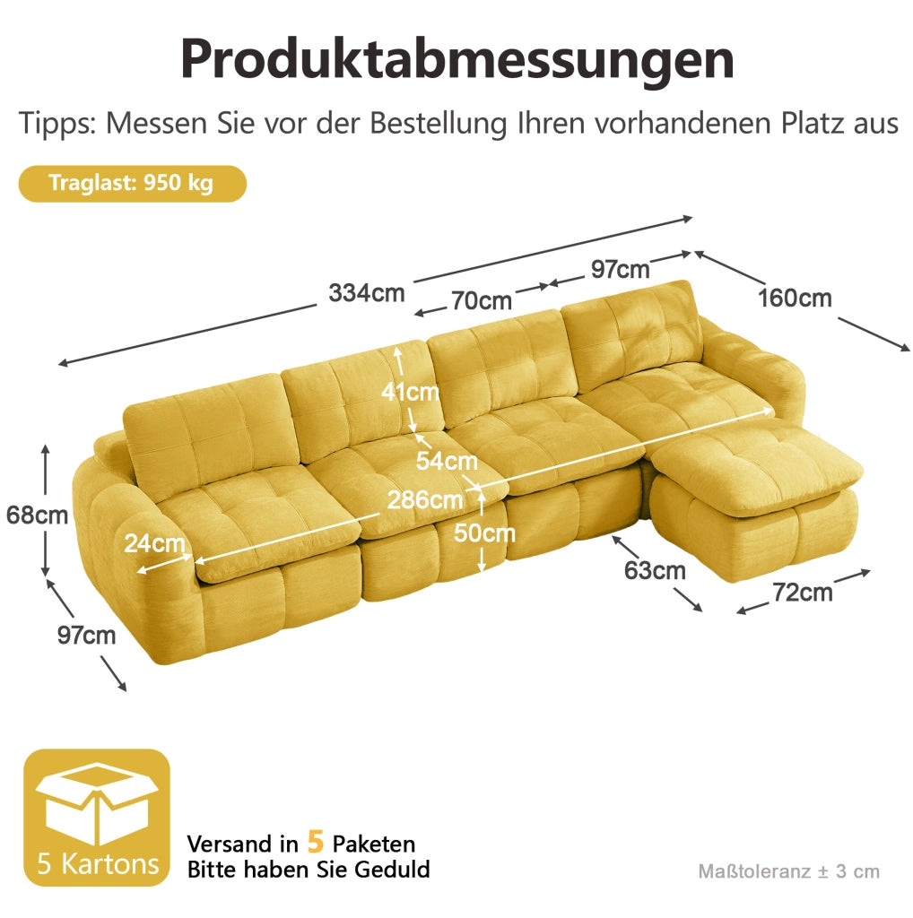 DIVANO Modulare 334x160 cm in Chenille Giallo con Ottomana