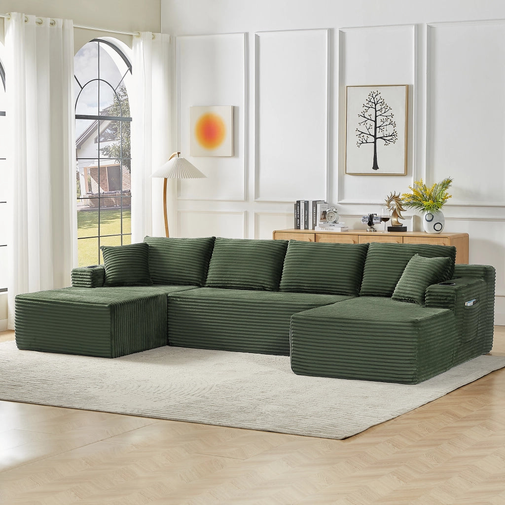 Divano modulare a U in velluto a coste con seduta profonda design ergonomico e senza montaggio per soggiorno verde