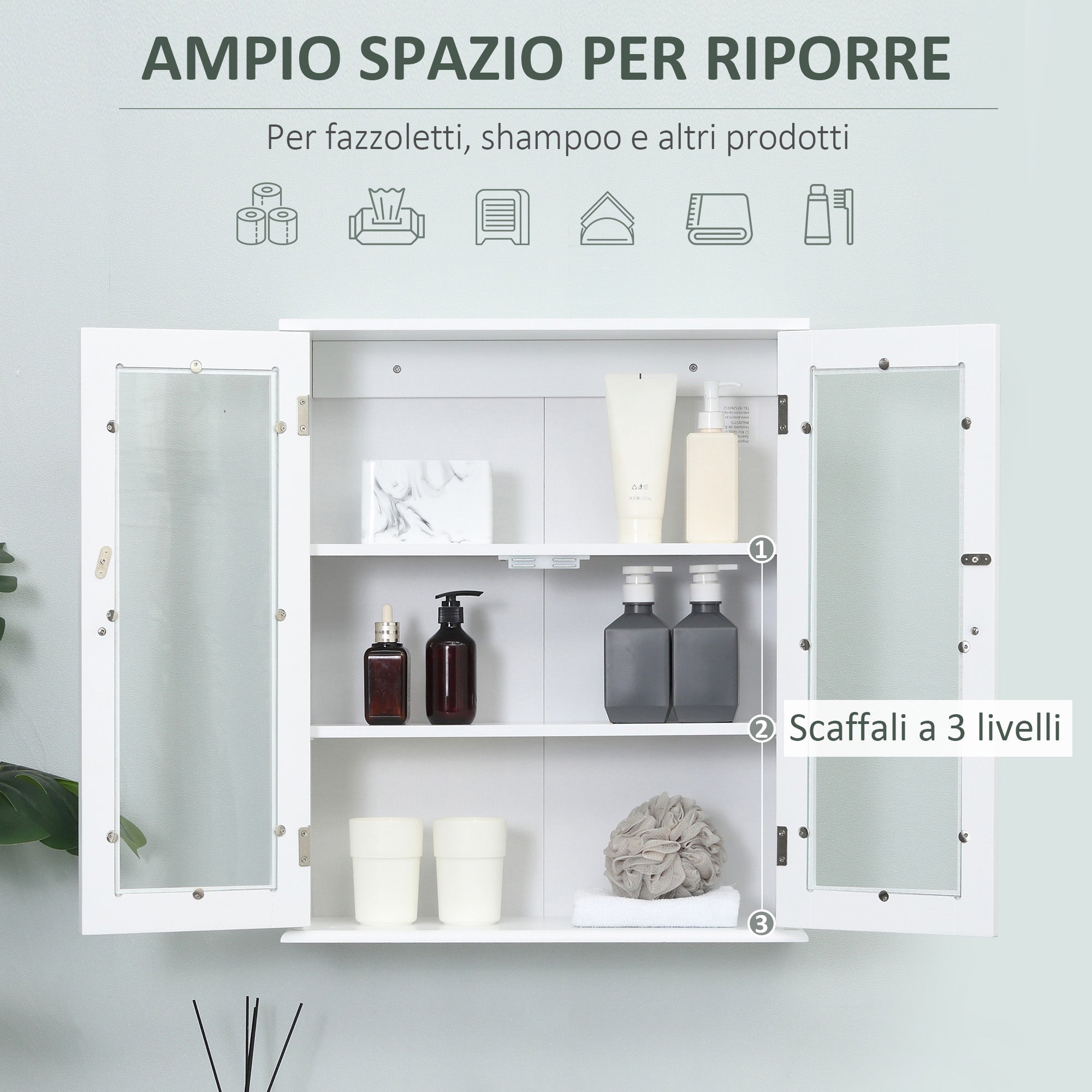 Pensile da Bagno Armadietto con Anta a Vetro 55x20x65 cm in Legno Bianco