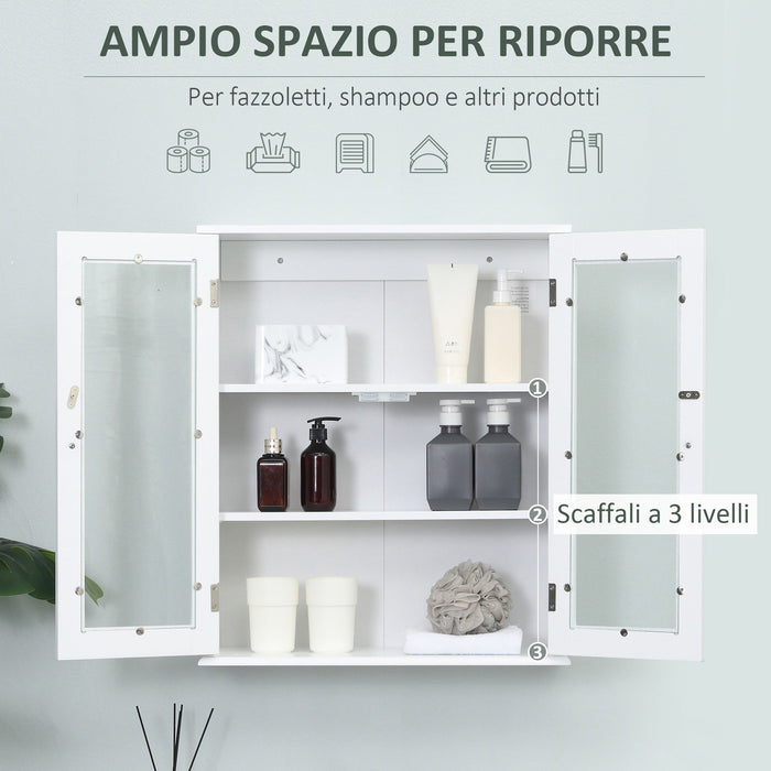 Pensile da Bagno Armadietto con Anta a Vetro 55x20x65 cm in Legno Bianco