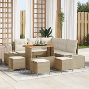 Set Divano da Giardino  9 Pezzi con Cuscini Beige Polyrattan Acacia