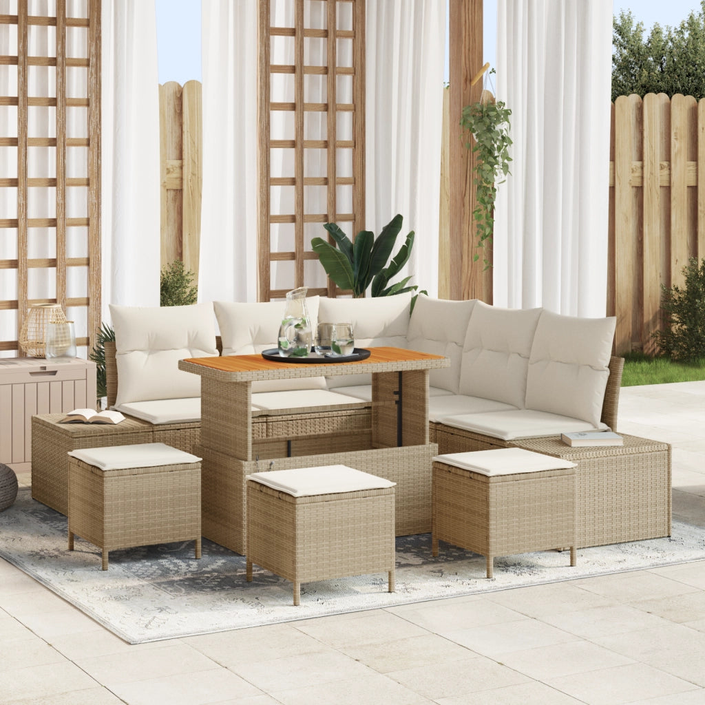 Set Divano da Giardino  9 Pezzi con Cuscini Beige Polyrattan Acacia