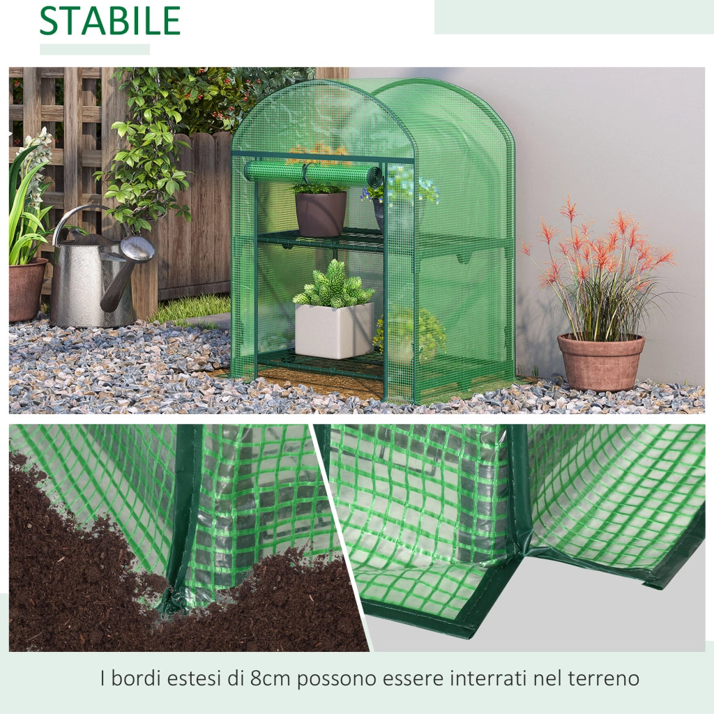 Mini Serra da Giardino con 2 Ripiani in Metallo e Copertura in PE, 69x49x92cm, Verde