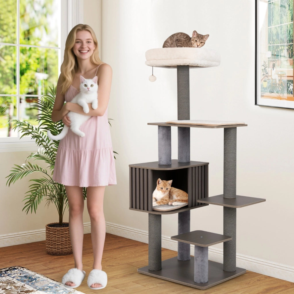 Mobile per arrampicata per gattini in legno con palla pompom appesa-Albero per gatti a 6 livelli da interno per gatti alta 151 cm Grigio