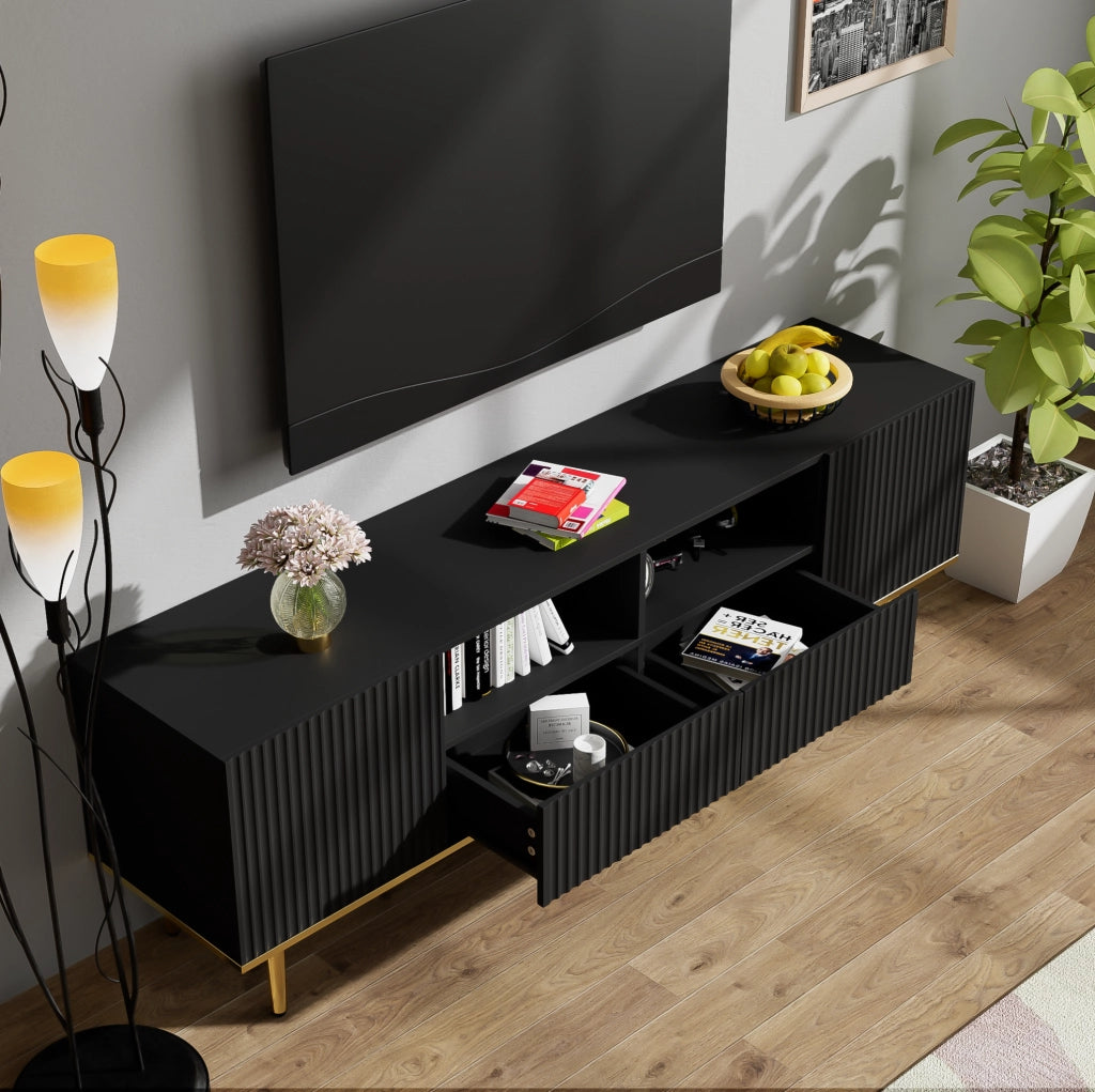 Mobile TV 165x36x55 cm; 2 vani e 2 cassetti con apertura a pressione; pannello truciolare nero e oro