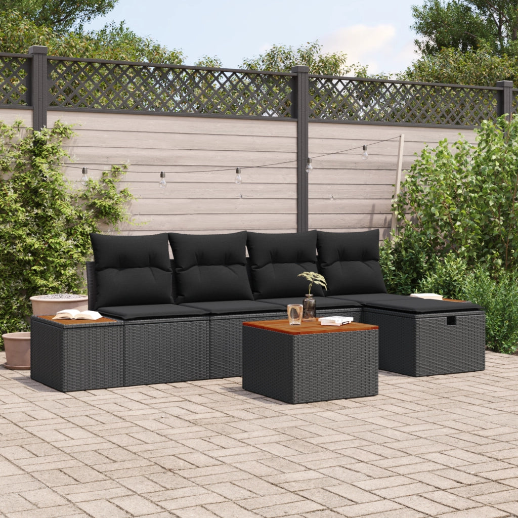 Set Divano da Giardino a 6 Pezzi con Cuscini Nero Rattan Poliestere