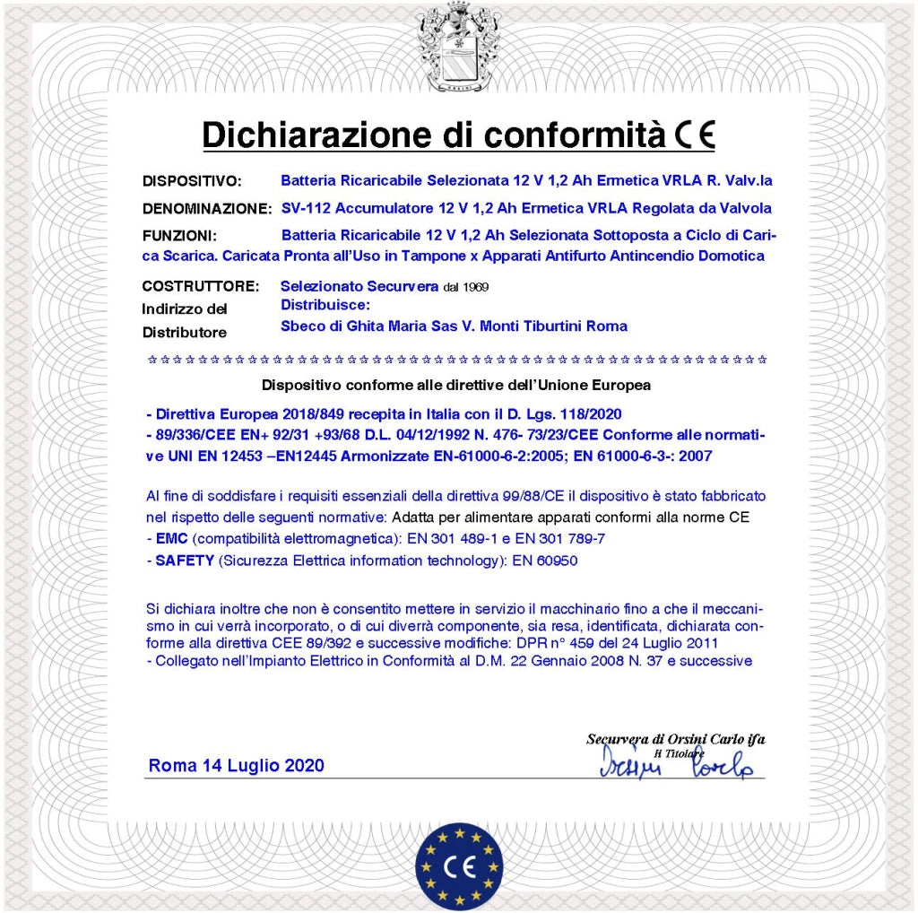 Batteria Ricaricabile 12 V 1,2 Ah Pb Ermetica VRLA Regolata da Valvola Collegamento Tramite 2 Faston 5 mm Polarizzati Caricata 3 Cicli C/S Selezionata da Securvera Non Necessita di Manutenzione