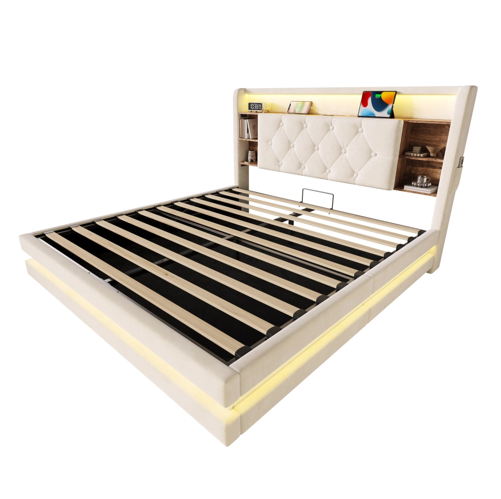 Letto imbottito 140x200 cm con contenitore, LED e porte USB, beige