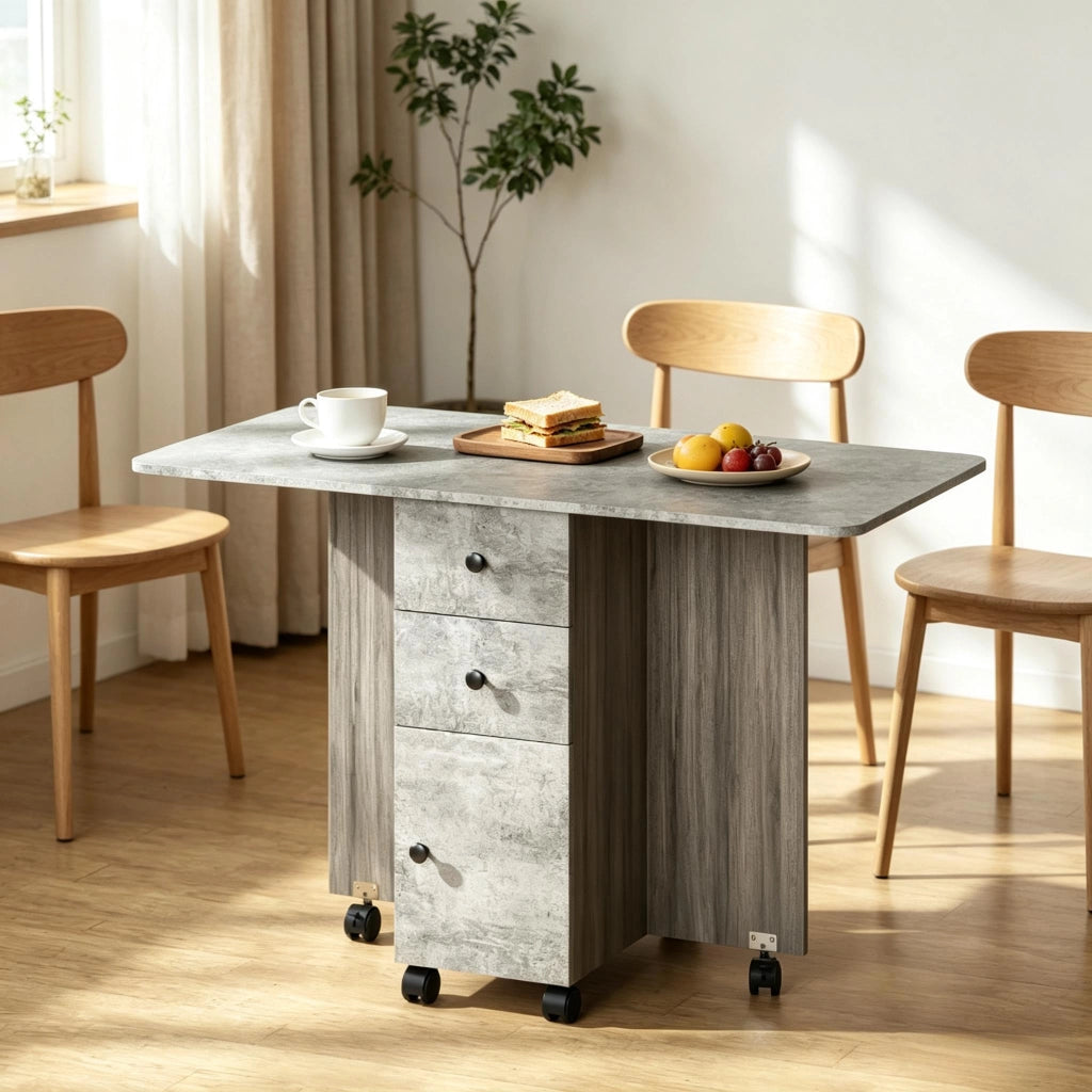 Tavolo da pranzo per 6 persone pieghevole con cassetti e 6 ruote in truciolare grigio per cucina e soggiorno