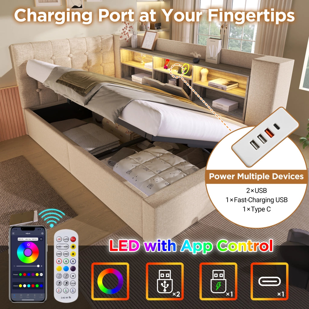 OKWISH Letto Contenitore 140×190 cm, Letto Matrimoniale con LED, USB, Tipo C e Testiera a L, senza Materasso, in Lino, Beige
