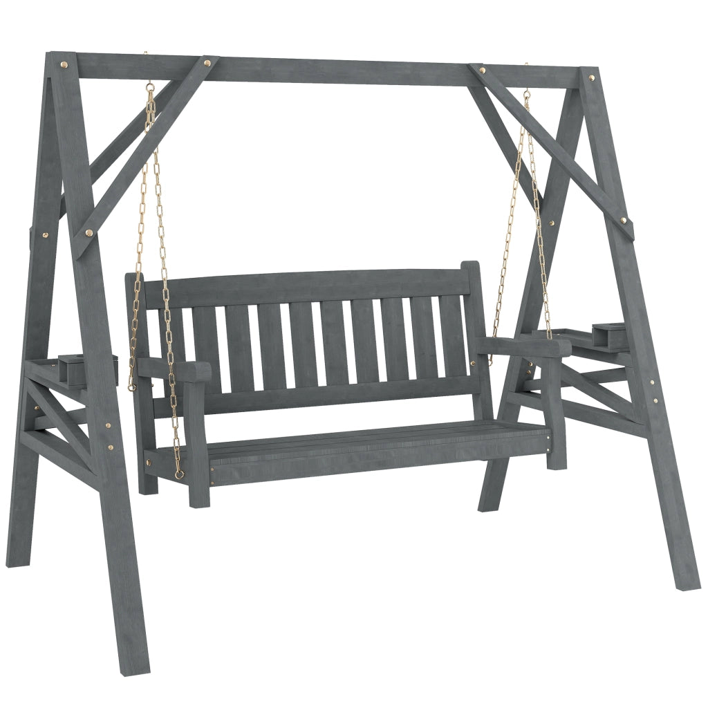 Divanetto a dondolo per giardino 2 posti con ripiani e portabicchieri ¨C zephmum ¨C Legno e metallo grigio 120x80x100 cm