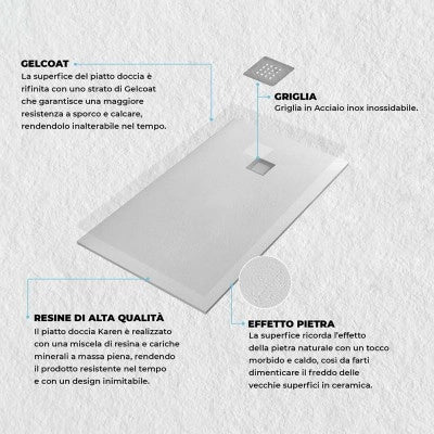 Piatto doccia 80x120 cm bianco effetto pietra in resina riducibile Karen