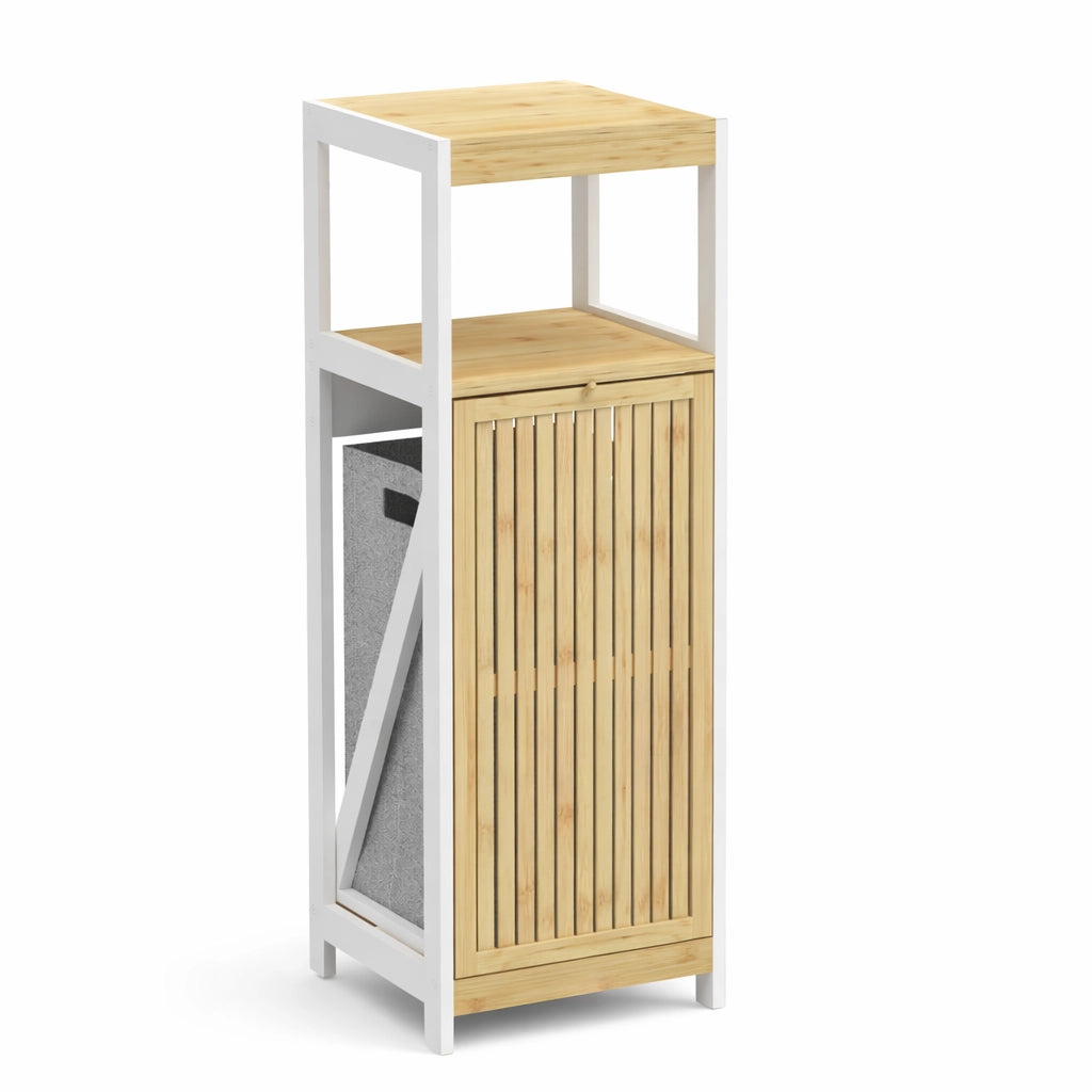 Mobiletto Bagno Portabiancheria Moderno Legno e Bambù 36x33x98 cm 1 Anta 2 Ripiani