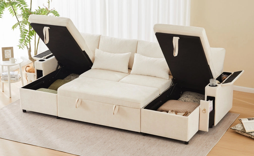 Divano letto modulare a U 4 posti con portabicchieri, contenitore e cuscini, beige, 272x131x84 cm