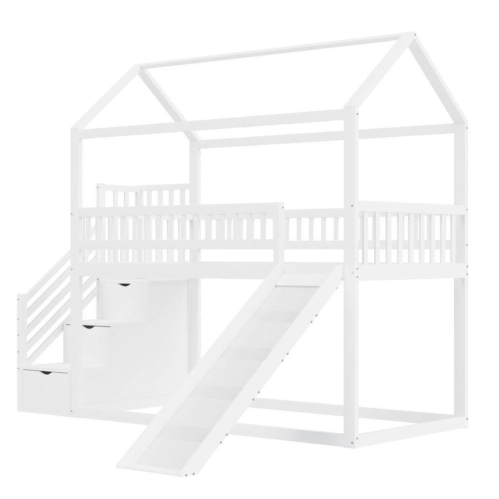 OKWISH Letto a Soppalco 90×200 cm, Letto Singolo con Scivolo, Scala Contenitore e Sponde Alte, senza Materasso, Bianco