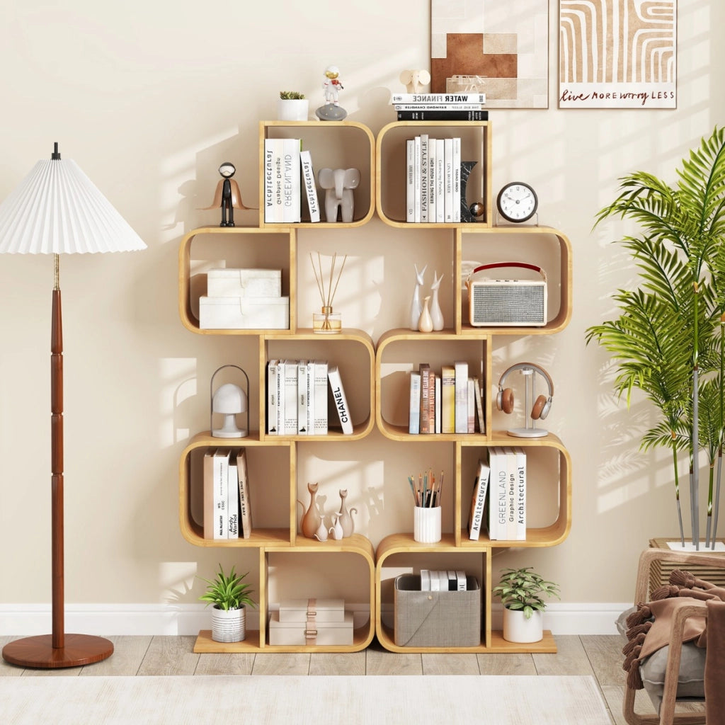 Libreria mensola in bamb¨´ con 5 cubi aperti a 5 livelli a forma di S-Libreria scaffale geometrico angolare esposizione Naturale