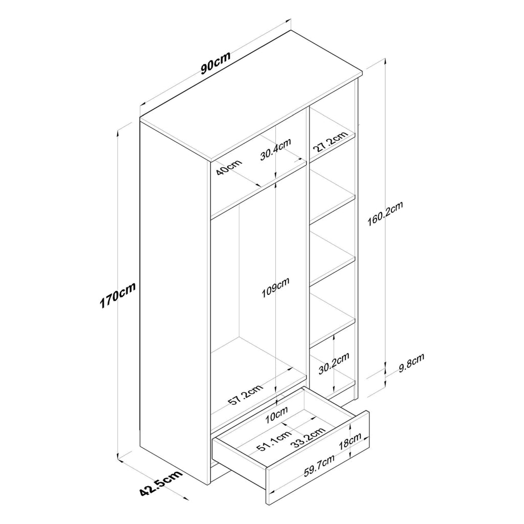 Armadio Camera da Letto Infine, Guardaroba 3 Ante Appendiabiti, 90x43 cm Marrone Rovere