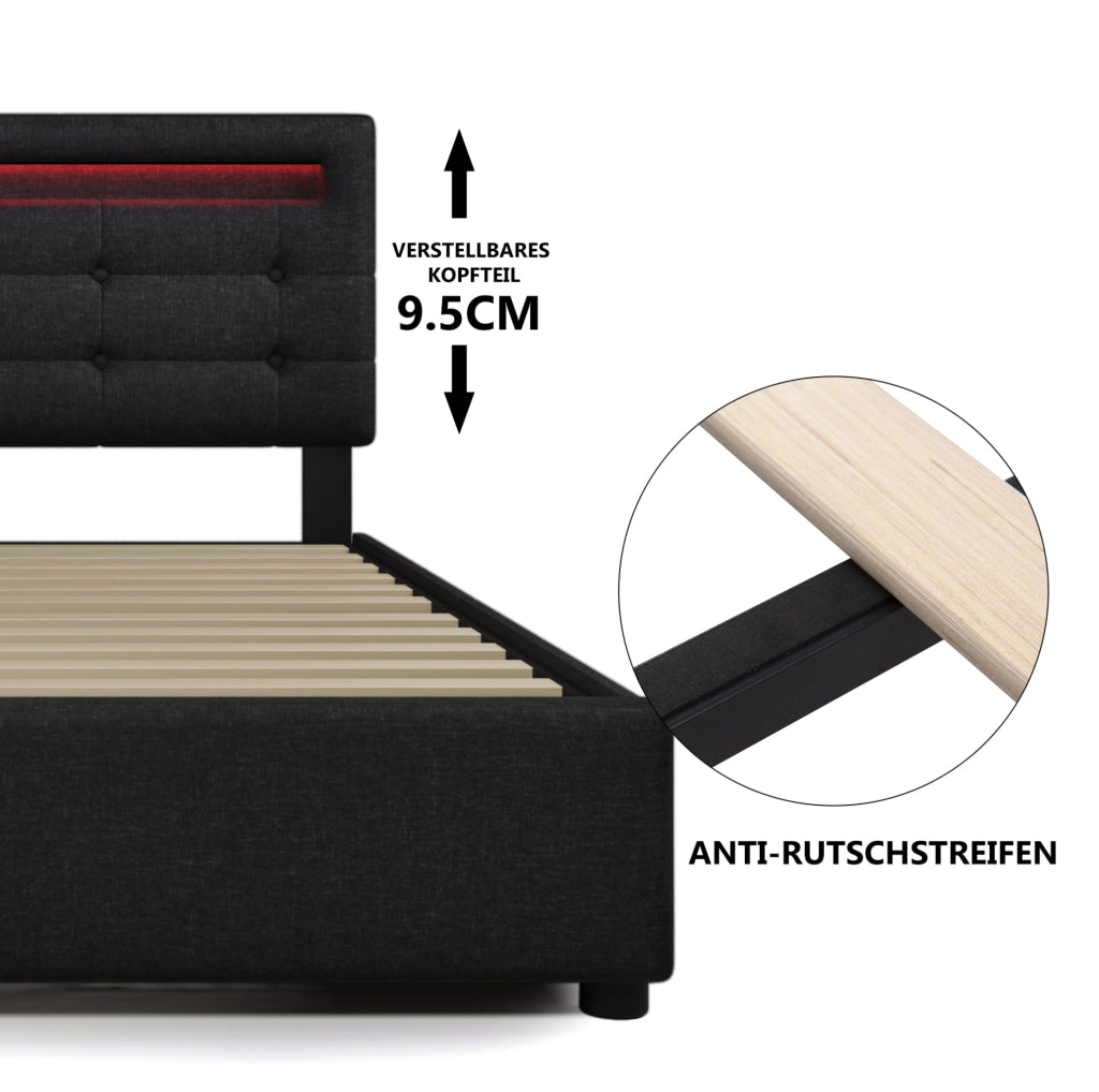 Letto singolo 90x200 cm nero con LED, 2 cassetti e materasso