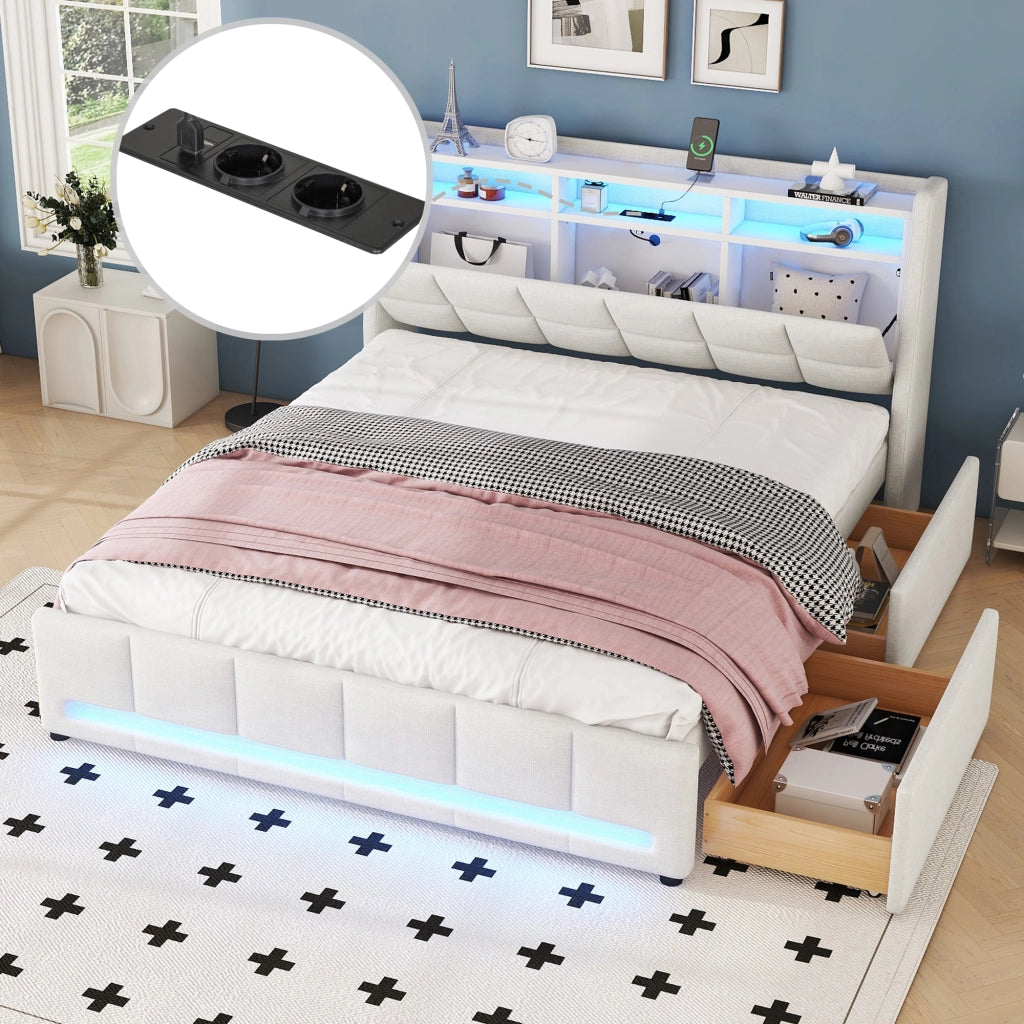 Letto con Cassetti Letto Matrimoniale; USB; LED Regolabile e Vano Contenitore 140×200 cm; senza Materasso