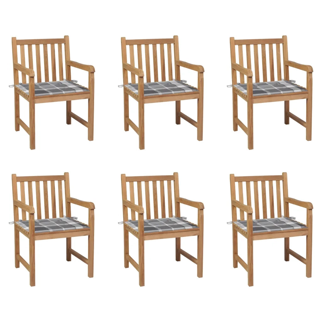 Sedie Giardino 6 pz con Cuscini Grigi a Quadri Massello di Teak