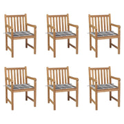 Sedie Giardino 6 pz con Cuscini Grigi a Quadri Massello di Teak