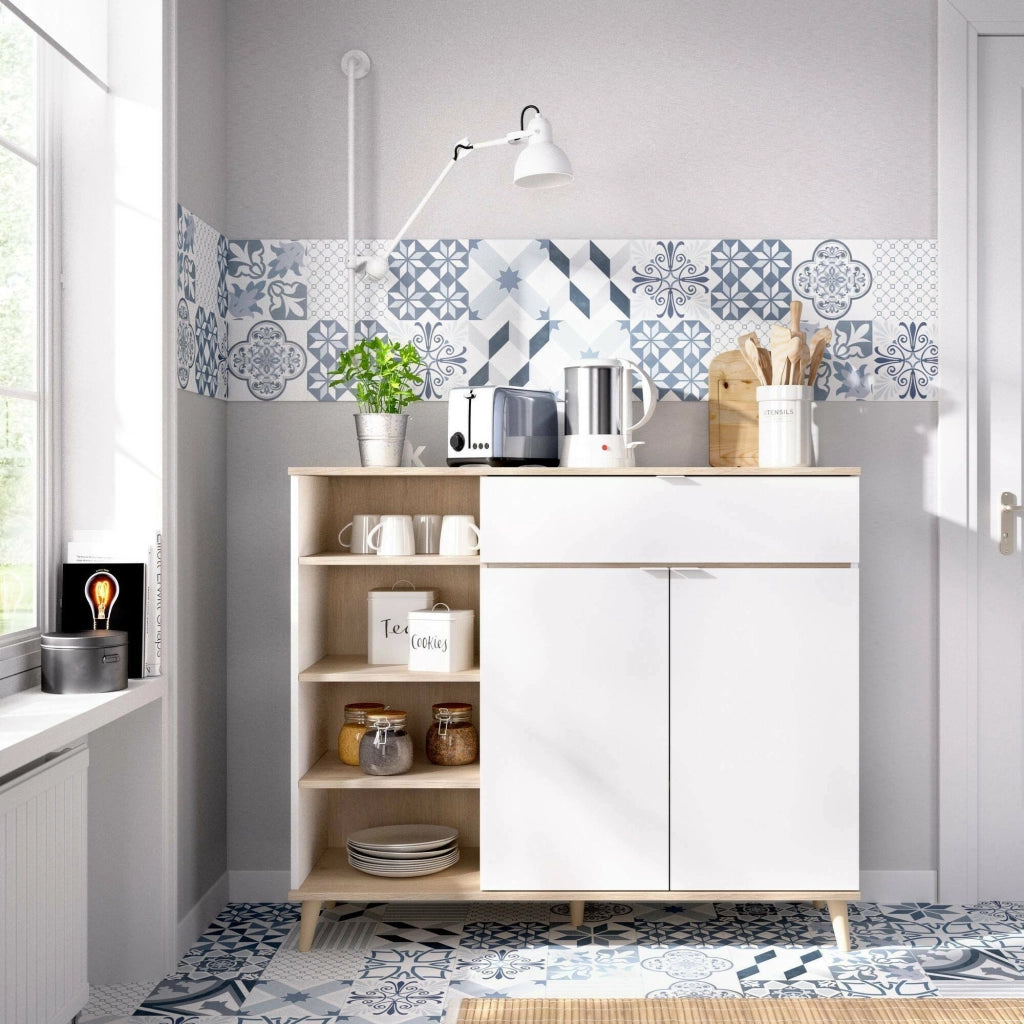 Credenza Aleandro, Buffet dispensa da soggiorno, Madia da salotto moderna a 2 ante, 120x40h102 cm, Bianco e Rovere