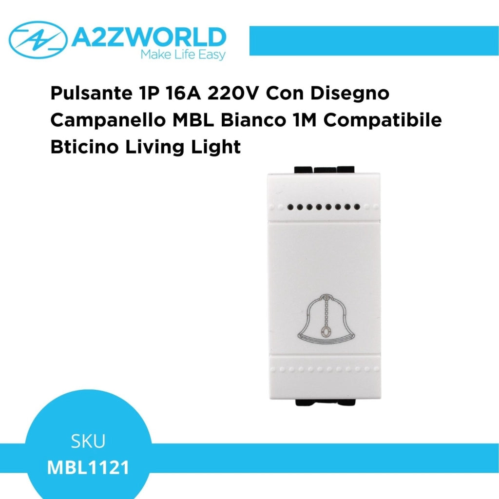 Pulsante 1P 16A 220V Con Disegno Campanello MBL Bianco 1M Compatibile Bticino Living Light, Retro Illuminabile