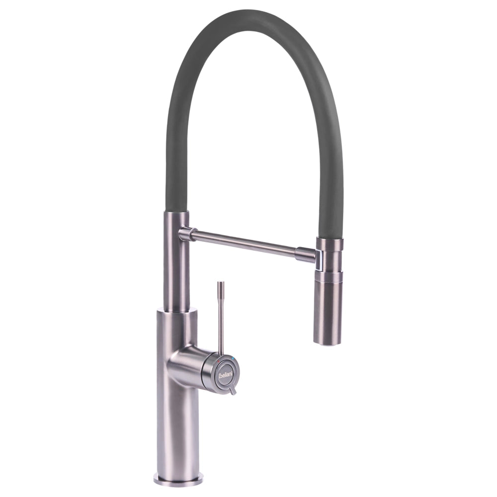 Rubinetto da Cucina Grigio in Acciaio Inossidabile Girevole ed Estraibile Miscelatore con Aeratore Tubo Flessibile a Molla Design Moderno
