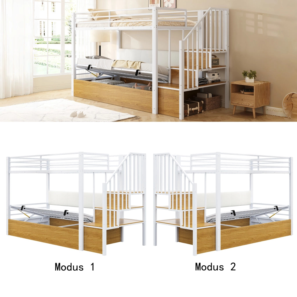 Letto a castello 90 × 200 cm con scala contenitore, vano con sollevamento idraulico, senza materasso, bianco