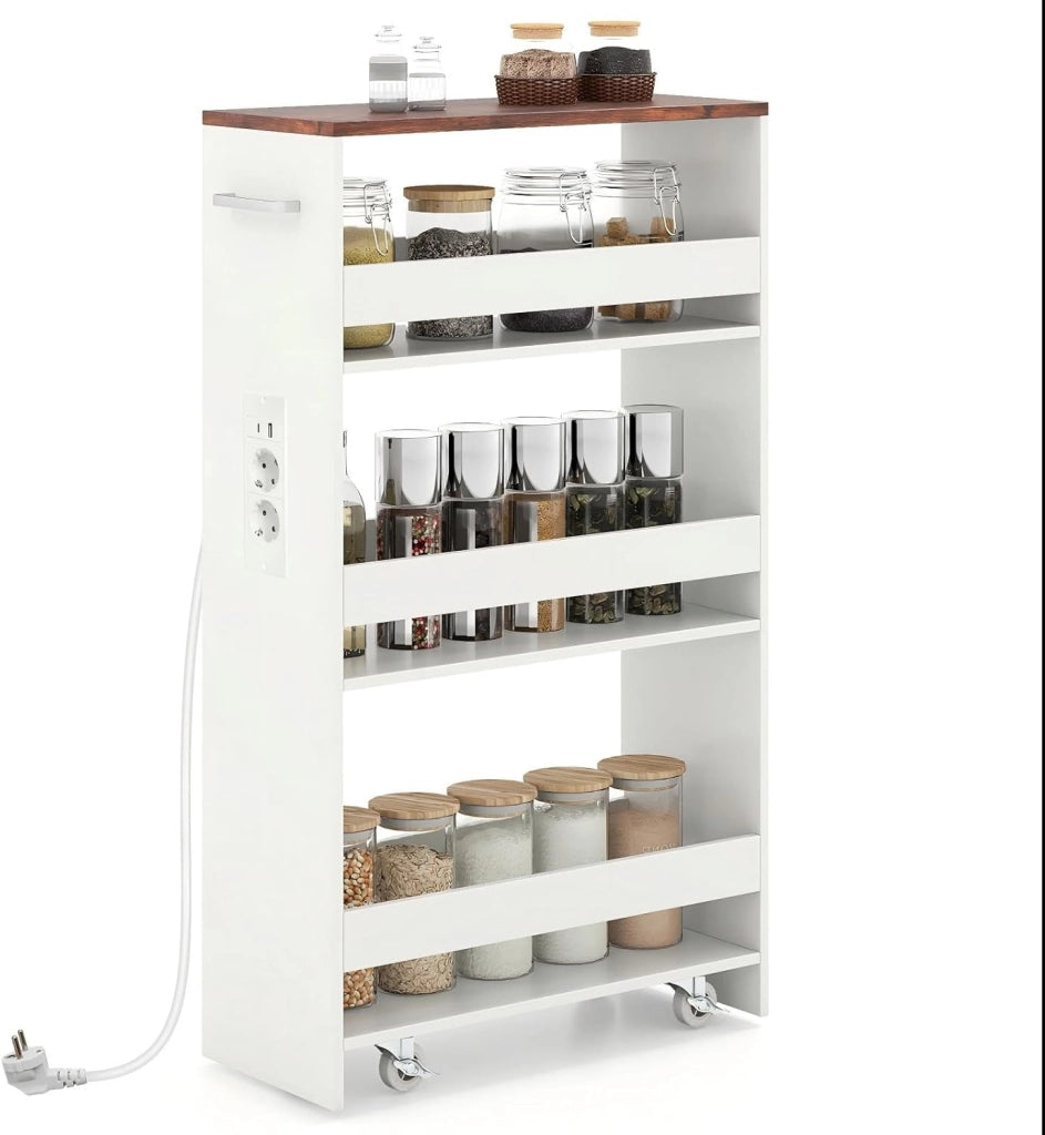 Carrello Portaoggetti a 4 Ripiani con Ruote Rirevoli a 360°, Carrellino Scorrevole con Maniglia Slim, da Bagno, Cucina, Lavanderia, 47,5 x 20 x 80,5 cm (Nero e Marrone, Con Presa)