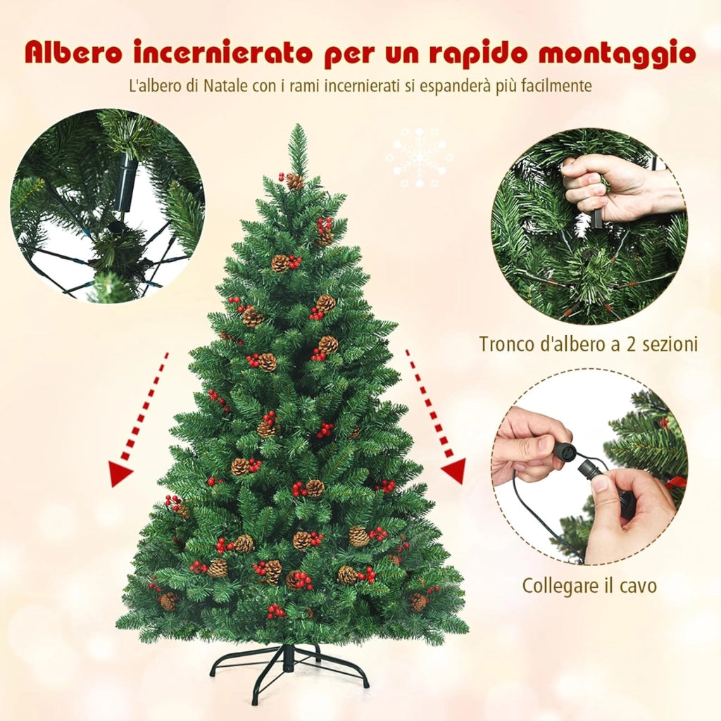 Albero di Natale 135/195 cm, Albero di Natale con 300/450 Luci Incorporate Bianco Caldo, 516/1100 Rami, 32/56 Pigne e 32/56 Bacche Rosse e Base in Metallo, Verde (135cm)