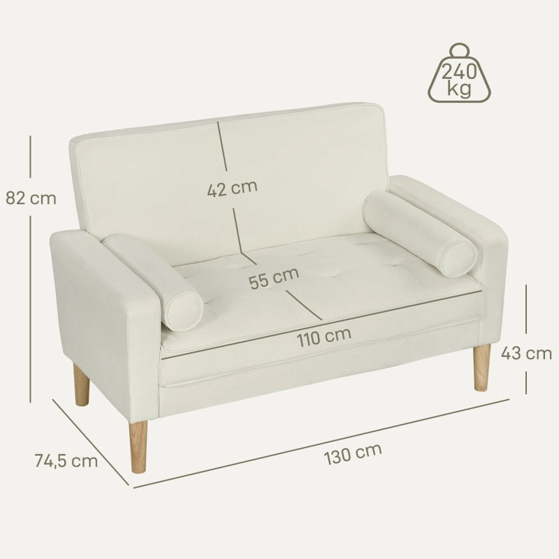 Divano a 2 posti con seduta in schiuma ad alta densità e gambe in legno di caucciù, bianco crema 130 × 74,5 × 82 cm