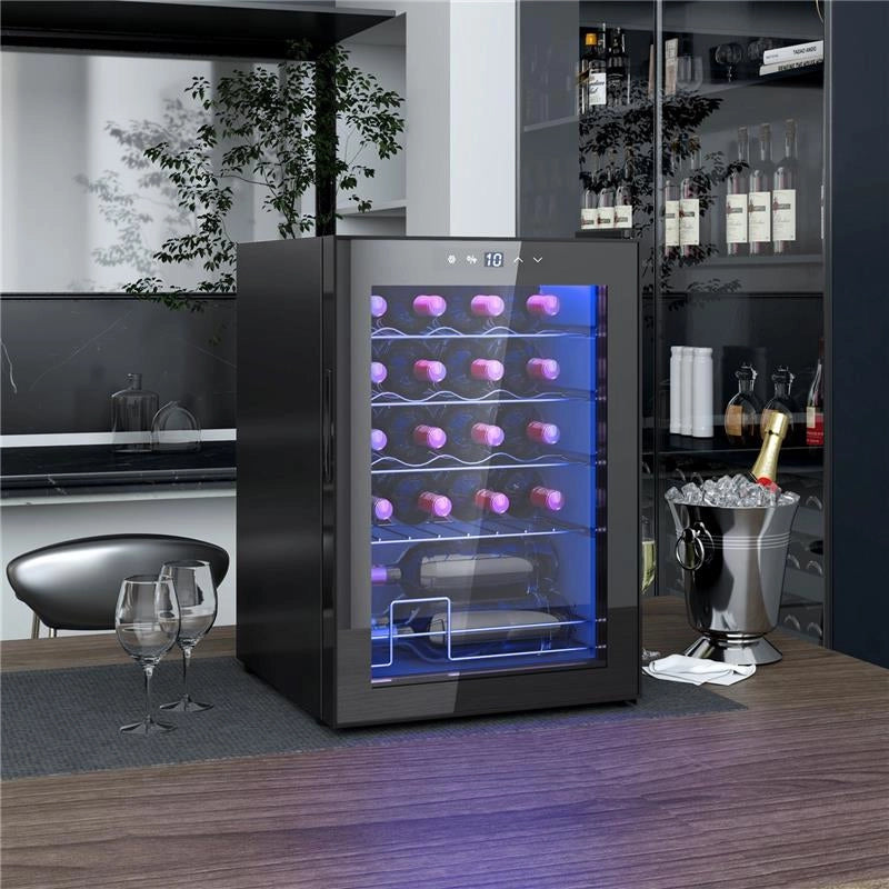 CANTINETTA VINO REFRIGERATA PER 20 BOTTIGLIE, CAPACITÀ 53L PORTA IN VETRO ANTI-UV E RIPIANI REGOLABILI NERO 43X48X64 CM