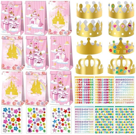 Regalo da principessa 12 pezzi - Corona in carta - Cappelli da festa - Adesivi strass autoadesivi - Etichette alfanumeriche - Sacchetti da festa in carta - Pacchetto da festa
